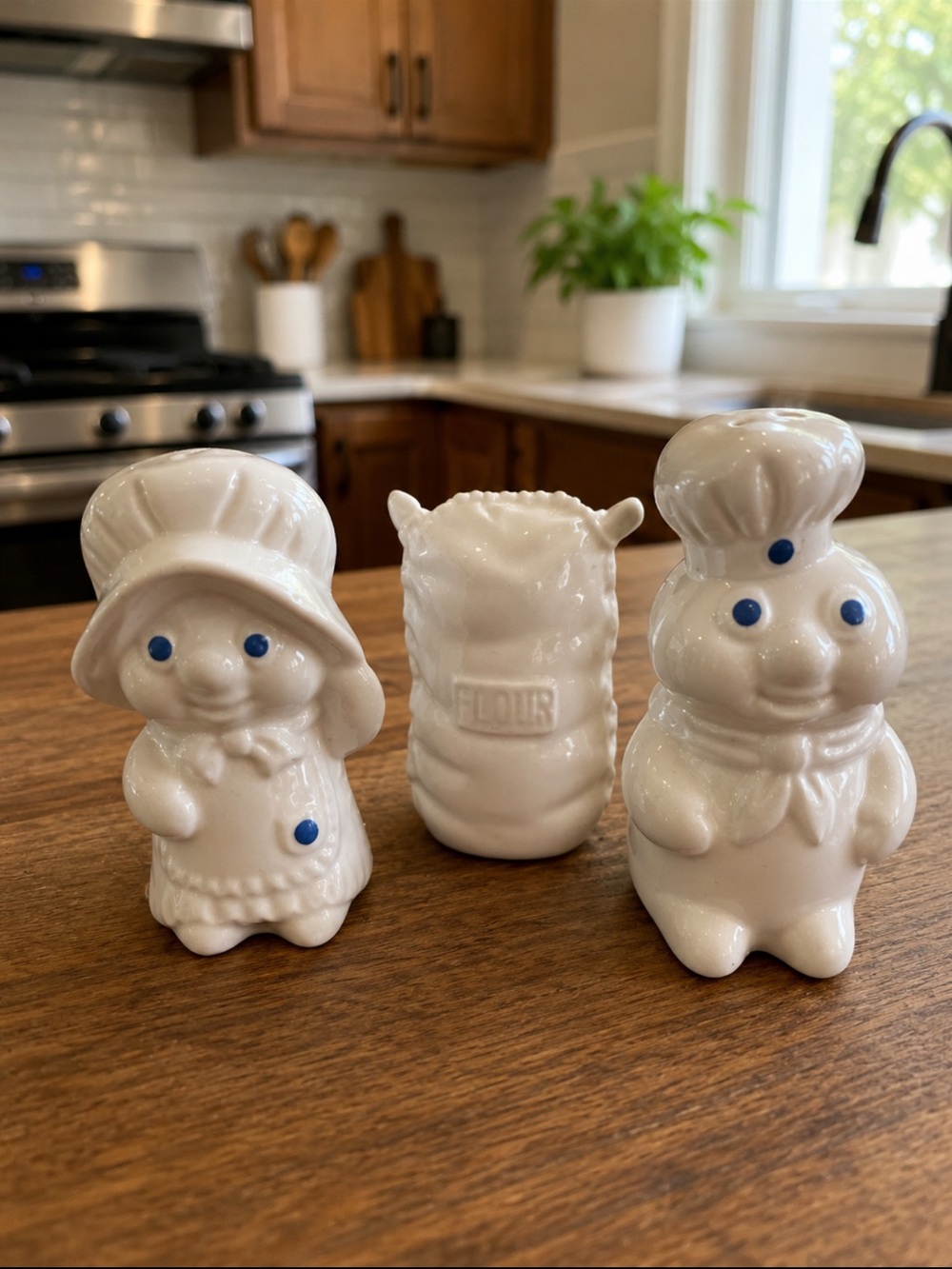 Vintage Pillsbury Doughboy Salt & Pepper Shaker Set with Flour Sack Holder